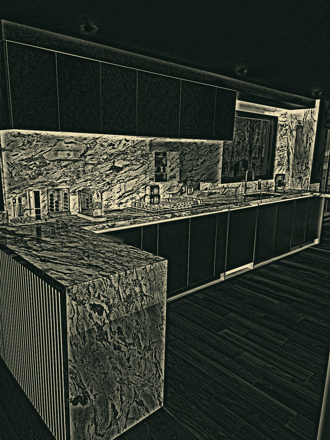 Line drawing of the new kitchen