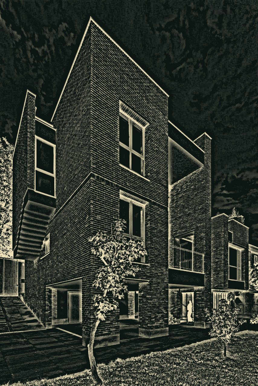 Line drawing of the front elevation of a brick house